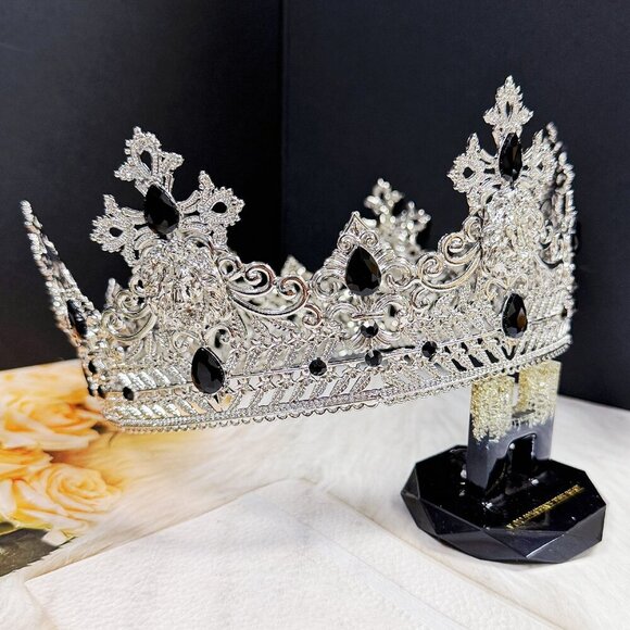 Silver Lion King Crown, Prince Wedding Headpiece, Black Crystal Crown for Groom main image 5